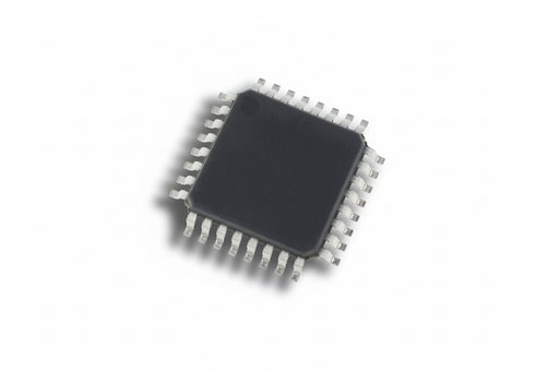 Small electronic chip with metallic legs on a white background