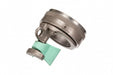 Metallic valve with green handle on a white background