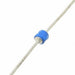 A single electronic component, likely a two-terminal diode or transistor, featuring a blue cylindrical body and long silver metal leads, shown on a plain white background.