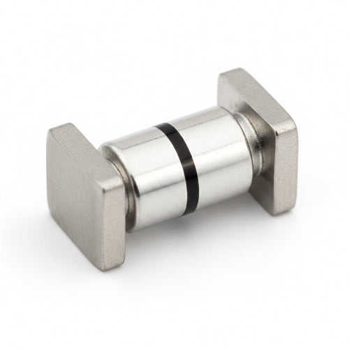 Metallic cylindrical component with a black ring on a white background
