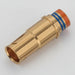 A brass electrical connector plug with a copper-colored tip and blue and orange protective insulation stripes, shown on a plain white background.