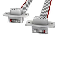 Two electronic connectors with rainbow-colored wires on a white background