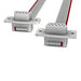Two electronic connectors with rainbow-colored wires on a white background