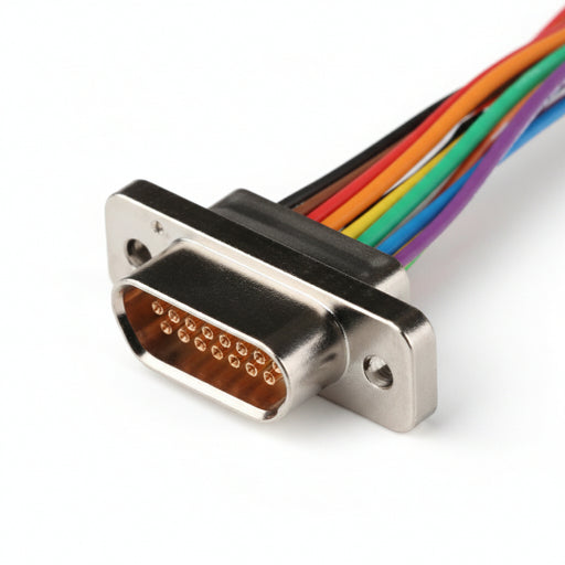 Close-up of a metallic connector with a rainbow-colored cable