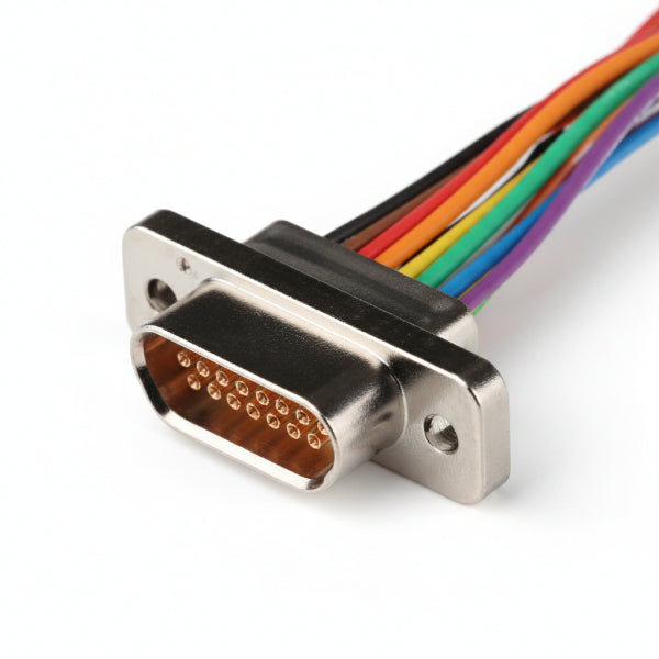 Close-up of a metallic connector with a rainbow-colored cable