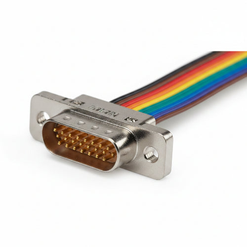 A VGA video adapter connector with a multi-colored ribbon cable on a white background.