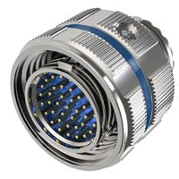 Metallic connector with blue accents on a white background