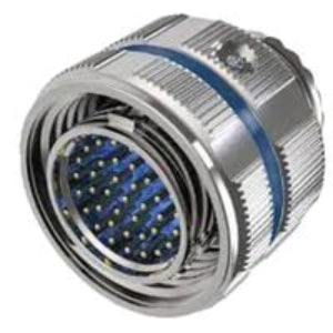 Metallic connector with blue accents on a white background