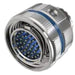 Metallic connector with blue accents on a white background