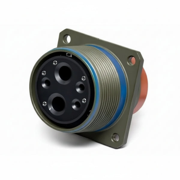 An industrial electrical connector with a black multi-pin face, a ribbed metallic body, a blue accent ring, and a mounting bracket, shown on a white background.
