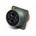 An industrial electrical connector with a black multi-pin face, a ribbed metallic body, a blue accent ring, and a mounting bracket, shown on a white background.