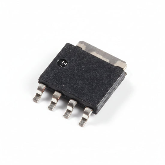A small black electronic integrated circuit component with several silver metal pins, shown on a plain white background.