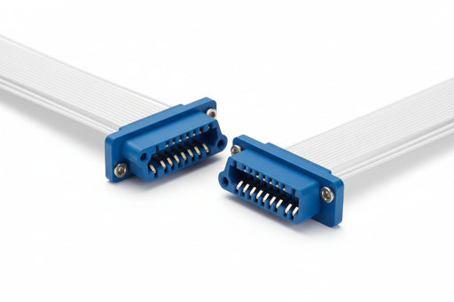 Two blue multi-pin connector housings with attached silver wire leads, shown on a red-to-white gradient background.