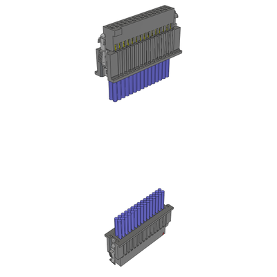Two electronic connectors with blue pins on a white background
