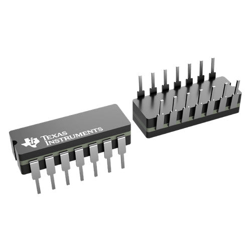 Two Texas Instruments electronic integrated circuit components, one shown from the side with ten pins and the other from the top view showing eighteen pins, on a white background.
