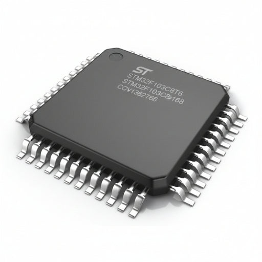 A square black integrated circuit chip with silver metallic pins extending from all sides, shown on a plain white background.