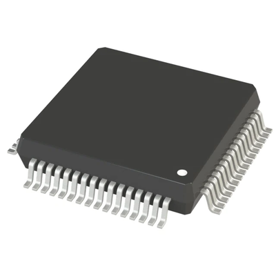 Black integrated circuit with silver pins on a white background