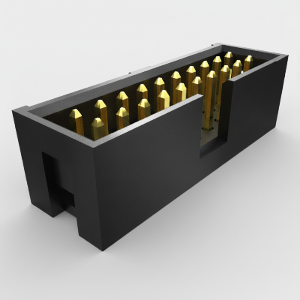 Black rectangular container with gold objects inside on a white background