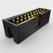 Black rectangular container with gold objects inside on a white background