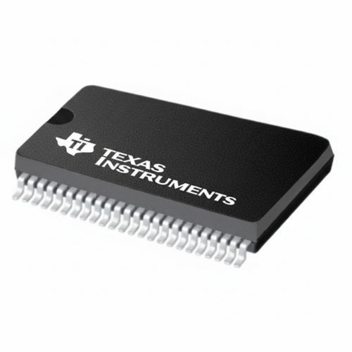 Texas Instruments  electronic chip with a black plastic housing and silver metal pins, shown on a white background.