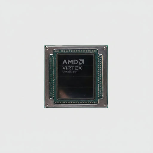 AMD Virtex UltraScale+ processor chip with a black central die area and metallic green and silver substrate.