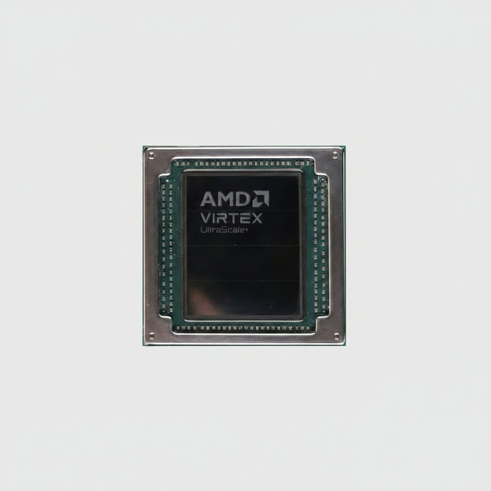 AMD Virtex UltraScale+ processor chip with a black central die area and metallic green and silver substrate.