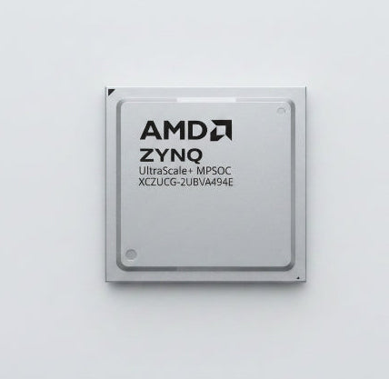 AMD ZYNQ processor package with a metallic silver surface and black AMD ZYNQ branding.