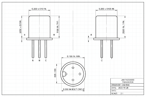 Technical drawing of a transistor with dimensions labeled