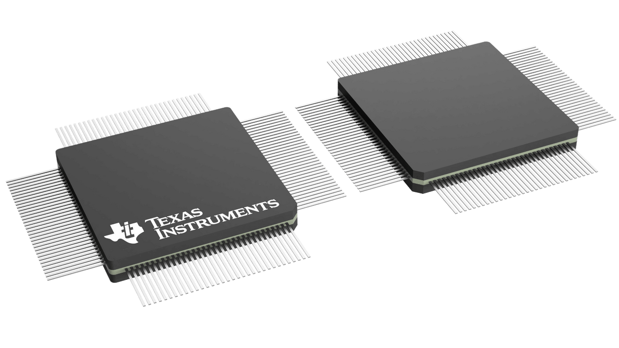 Two Texas Instruments microchips on a green background